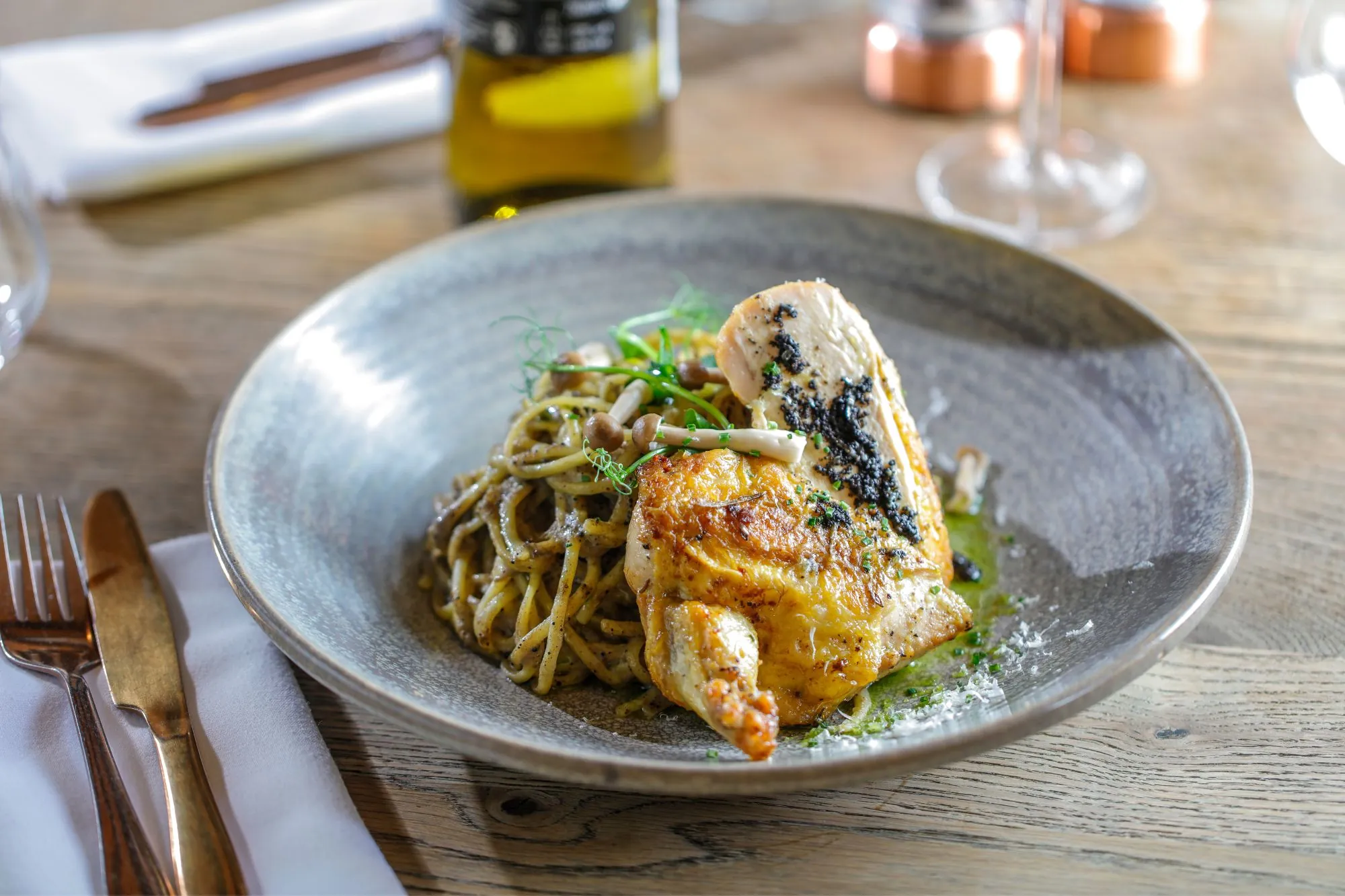 The Francis Hotel Bath roast chicken breast, truffle linguine, wild mushroom sauce, grated parmesan