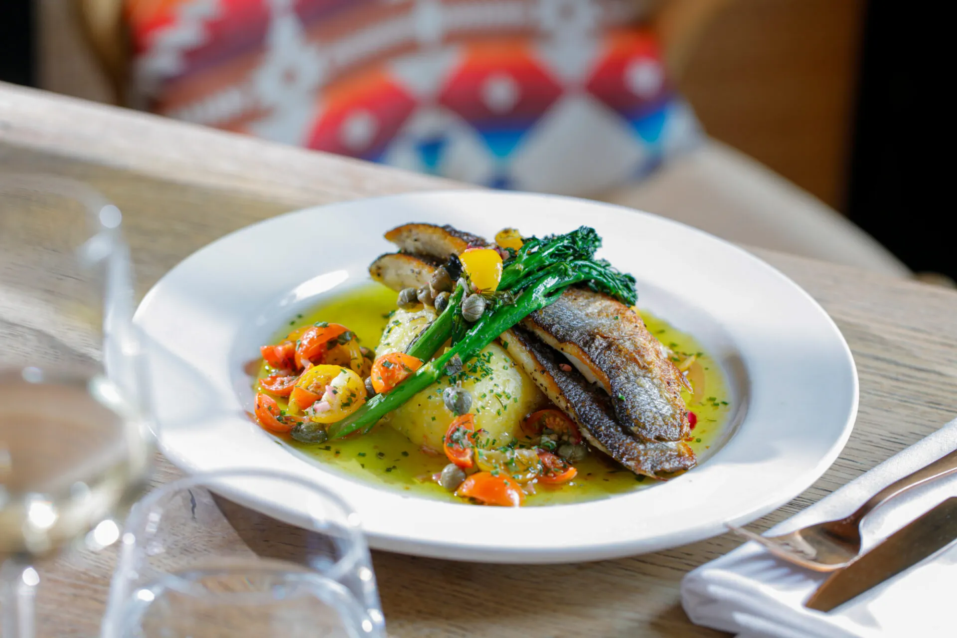 The Francis Hotel Bath seared Sea Bass, tender stem broccoli, chive mash, sauce vierge close up